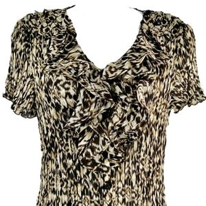 East 5t. Ruffled V-Neck Puff Short Sleeve Semi Sheer Blouse Brown/Cream Large